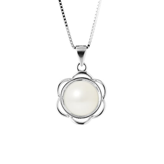 Collier Fleur- Perle de Culture d'Eau Douce  Bouton 8-9 mm Blanc- Bijoux Femme- Argent 925 Millièmes