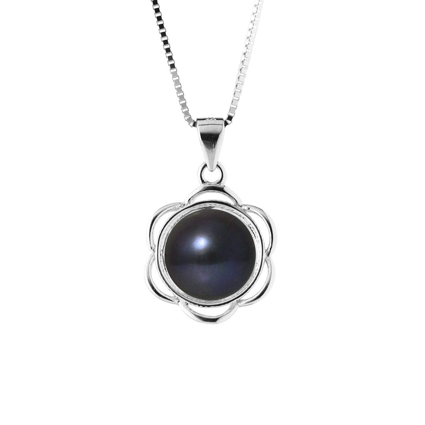 Collier Fleur- Perle de Culture d'Eau Douce  Bouton 8-9 mm noir Tahiti- Bijoux Femme- Argent 925 Millièmes
