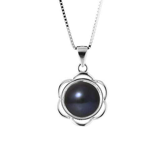 Collier Fleur- Perle de Culture d'Eau Douce  Bouton 8-9 mm noir Tahiti- Bijoux Femme- Argent 925 Millièmes