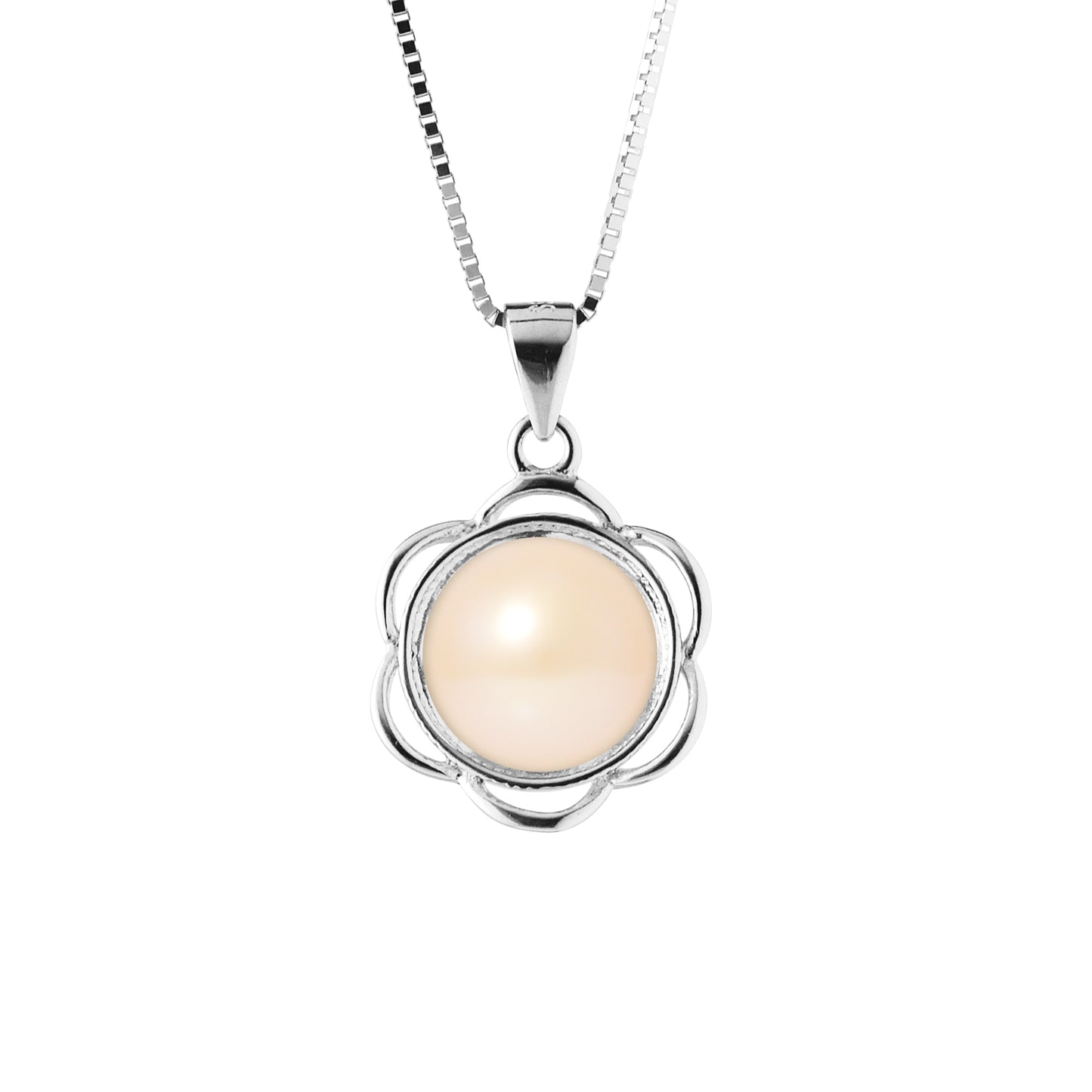 Collier Fleur- Perle de Culture d'Eau Douce  Rose Bouton 8-9 mm- Bijoux Femme- Argent 925 Millièmes