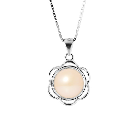Collier Fleur- Perle de Culture d'Eau Douce  Rose Bouton 8-9 mm- Bijoux Femme- Argent 925 Millièmes