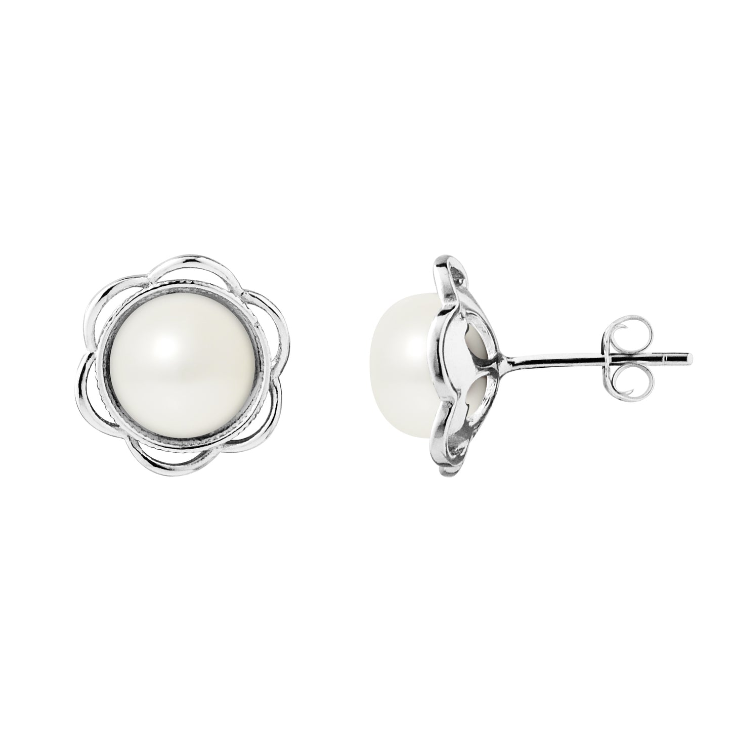 Boucles d'Oreilles- Fleur Perles de Culture d'Eau Douce Blanc- Bijoux Femme- Argent 925 Millièmes