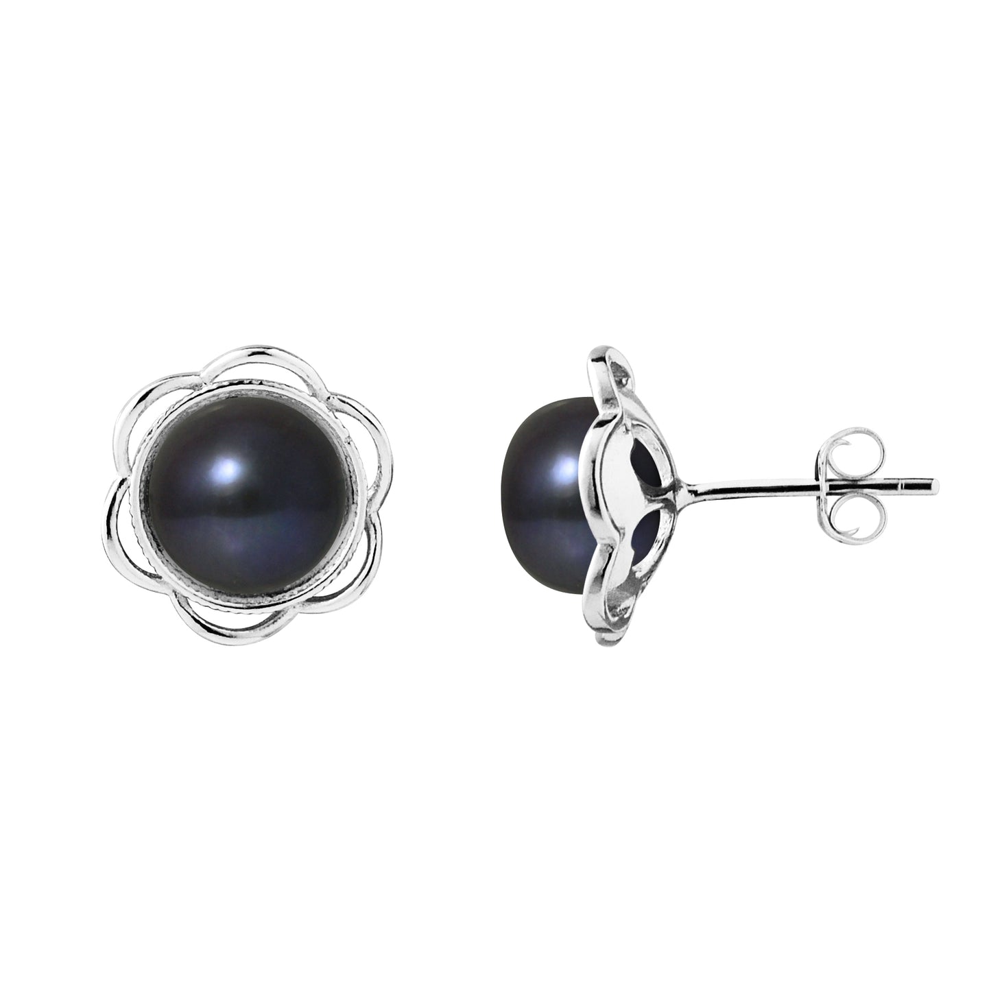 Boucles d'Oreilles- Fleur Perles de Culture d'Eau Douce Black Tahiti- Bijoux Femme- Argent 925 Millièmes