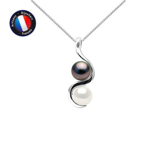 Collier - Perle d'Eau Douce - Blanc  et noir - Perle de Tahiti - Ronde 8-9 mm - Bijoux Femme