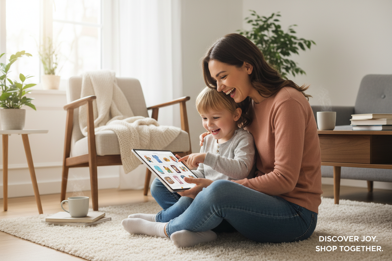 Femme et enfant faisant du shopping en ligne